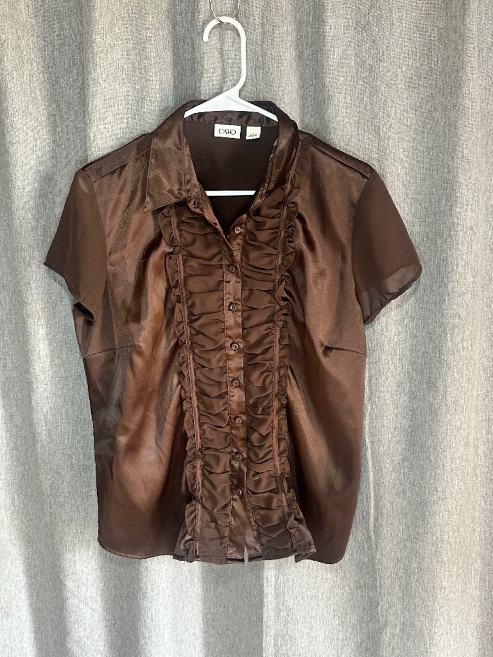 Cato Brown Satin Ruffled Short Sleeve Button Up Blouse Top - Size Large